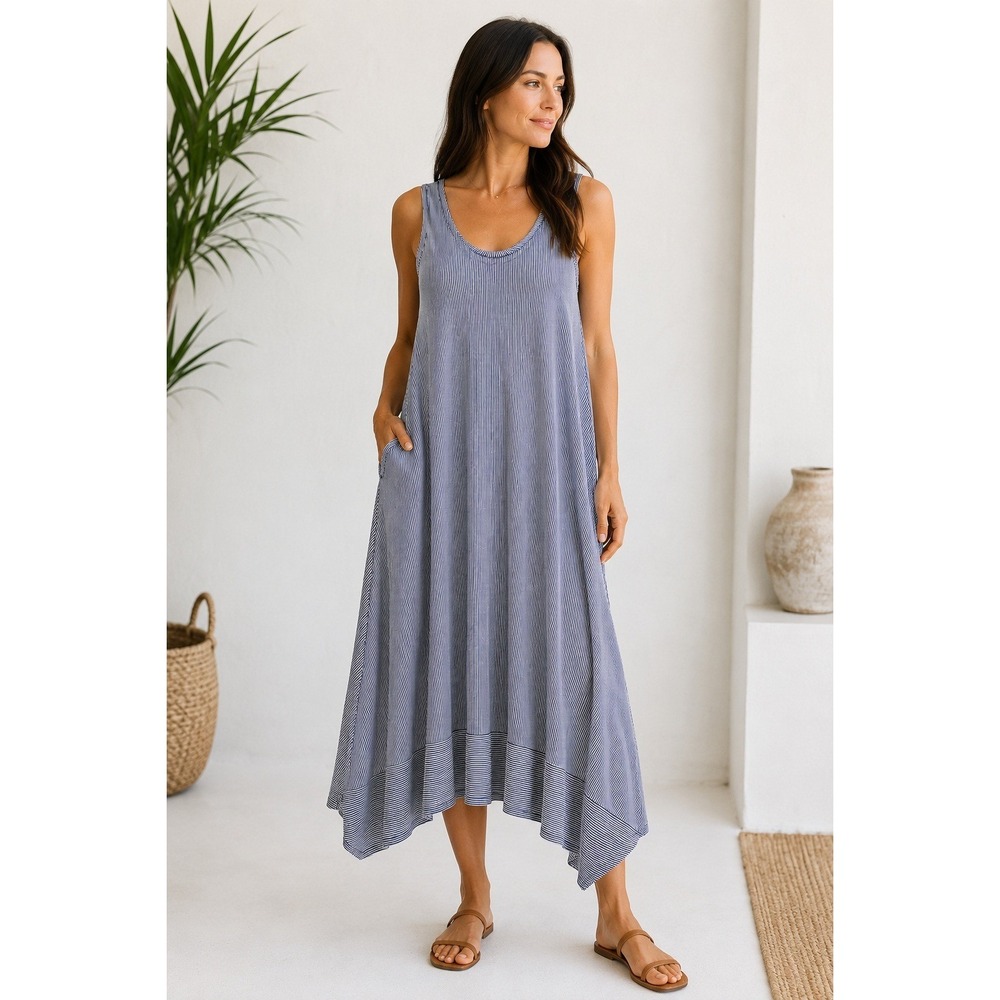 Matthildur Navy White Striped Sleeveless Handkerchief Hem Midi Dress XS Peru